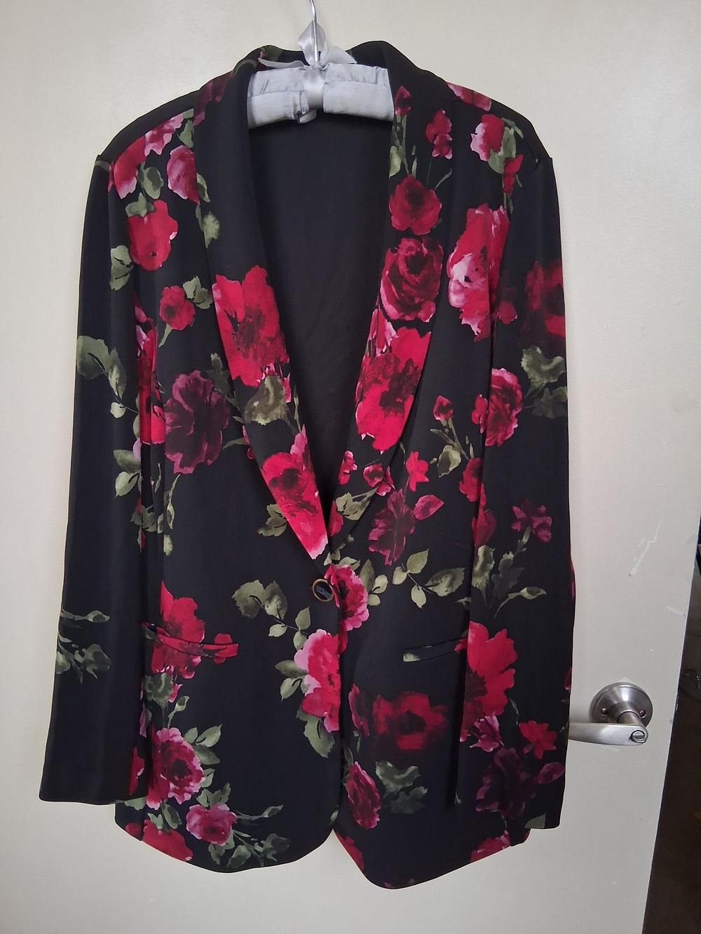 Susan Graver Black Blazer with Burgundy Rose Floral Print